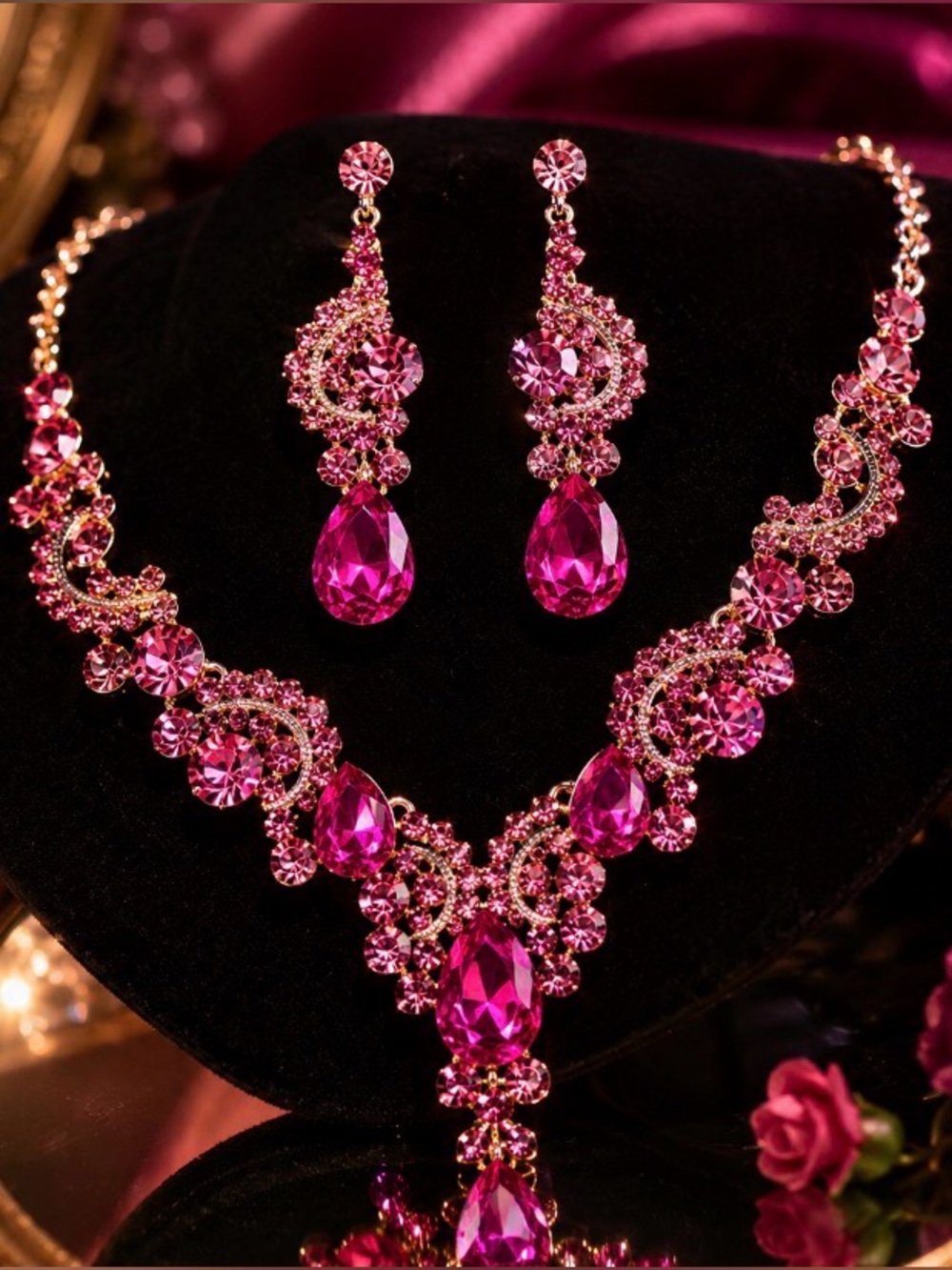 Fuchsia Crystal Drop Necklace & Earrings Set | Formal Glam Jewelry